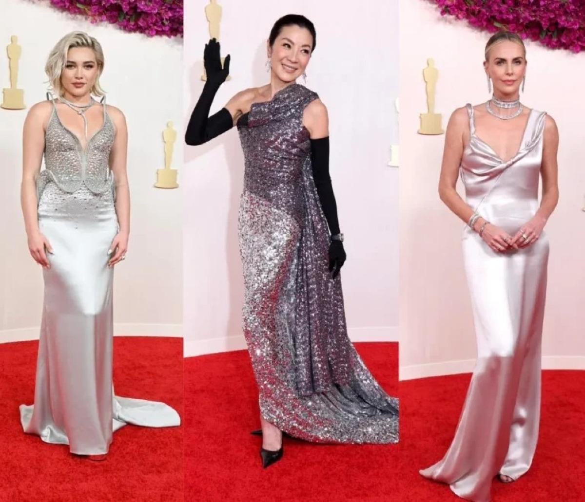 Florence Pugh, Michelle Yeoh e Charlize Theron desfilam pelo tapete em tons metálicos